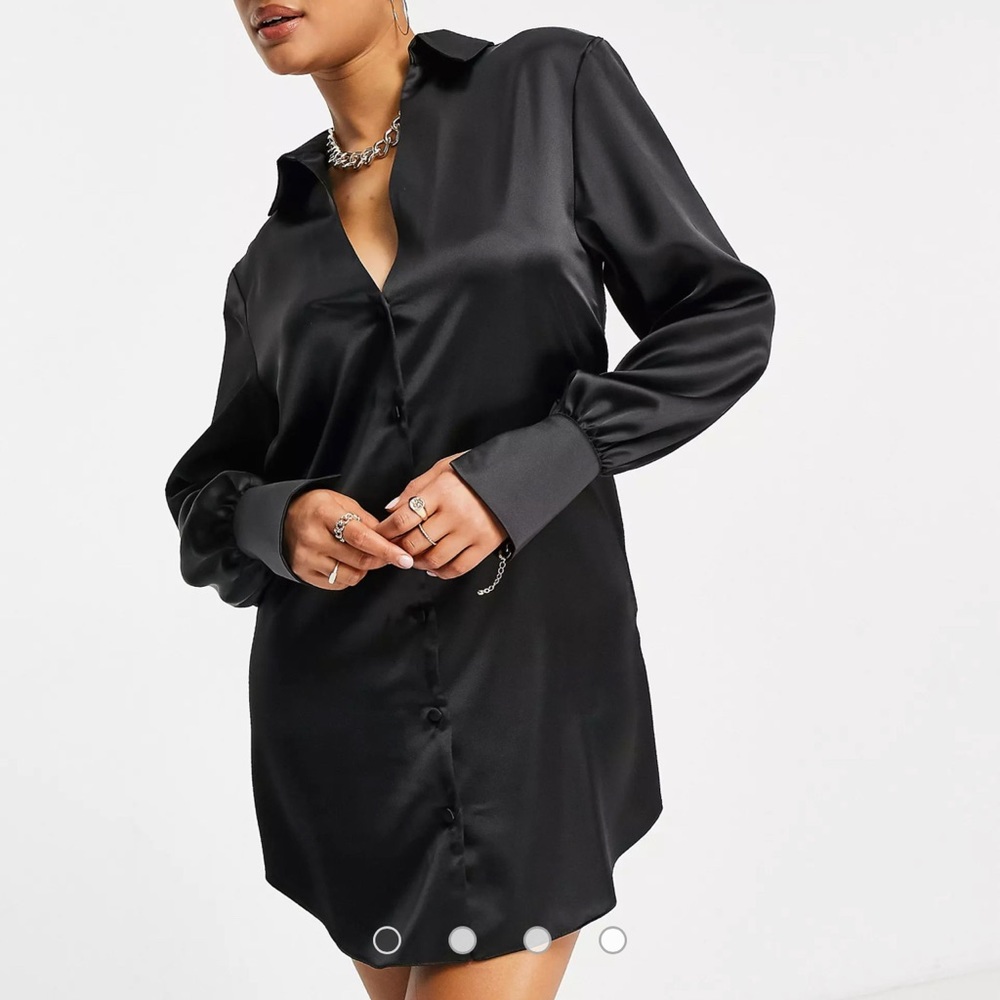 NEW WITH TAGS! ASOS DESIGN slouchy satin Plunge shirt mini dress in Black